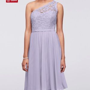 One shoulder knee length David’s bridal iris dress